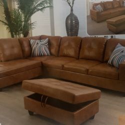 Carmel Leather Sectional Couch And Ottoman