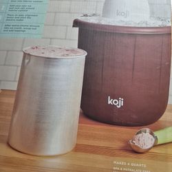 KOJI  ICE CREAM MAKER WITH ELECTRIC MOTOR  SIZE  MAKES 4   QUARTS   EXCELLENT CONDITION ORIGINAL PRICE  $60. 