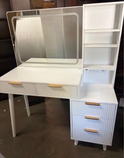 Vanity Desk with Mirror and LED, Makeup Vanity Desk with Power Outlet, Makeup Desk with 5 Drawers&Storage Shelves, 3 Color Modes Adjustable Brightness