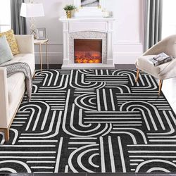 Washable 8x10 Area Rugs for Living Room, Abstract Soft Rainbow Non Slip Throw Rugs with Rubber, Low Pile Stain Resistant Boho Geometric Carpet for Bed