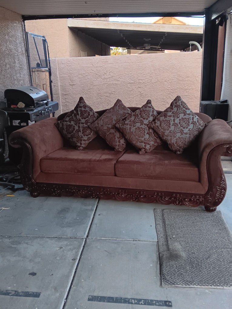 Beautiful Brown Couch With Wood Accents 