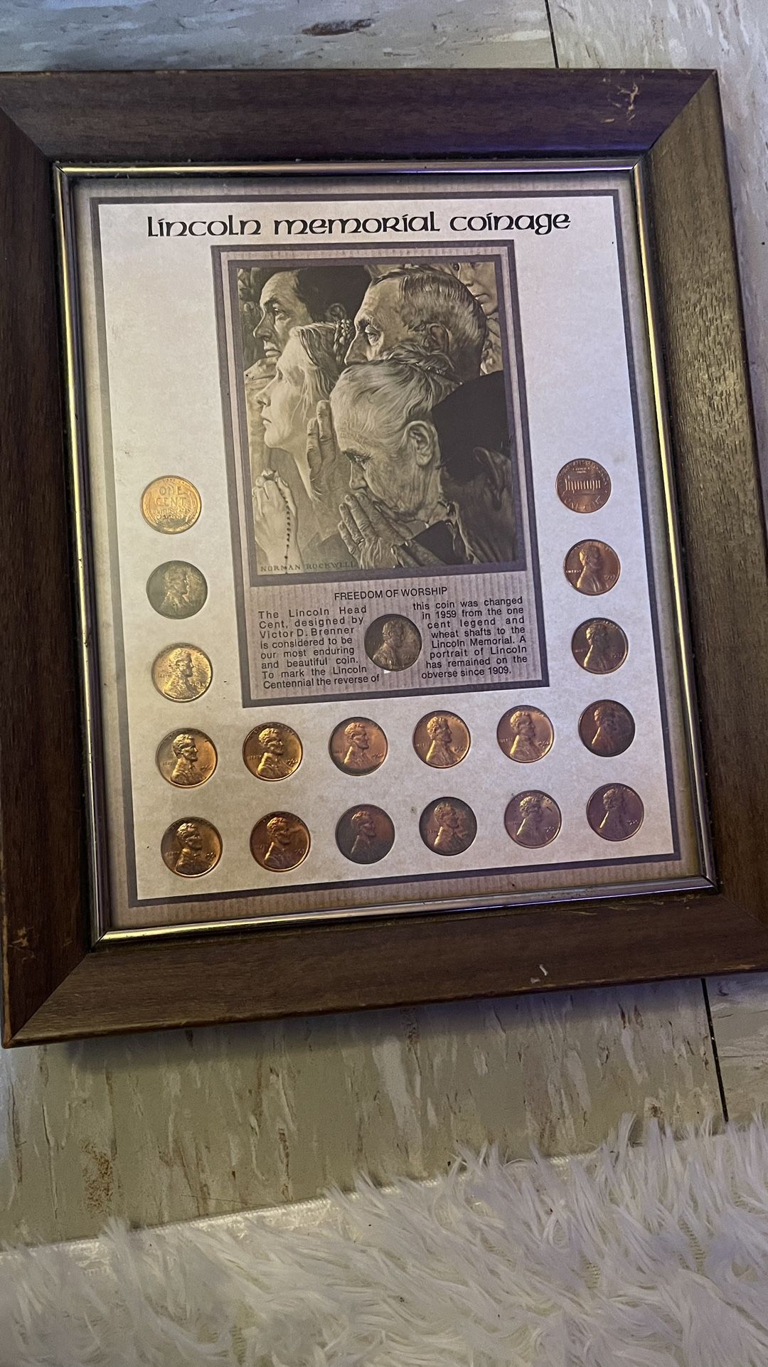 Lincoln Memorial Pennies - Framed Freedom of Worship Norman Rockwell sketch