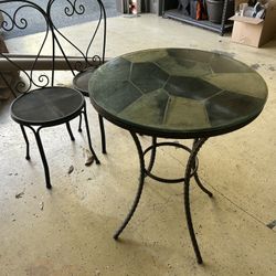 Wrought Iron And Stone Outdoor Table And Matching Chairs (w/cushions).