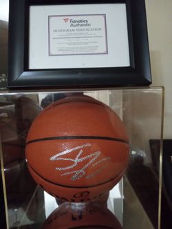 Shak signed basketball in display case with certificate of authenticity