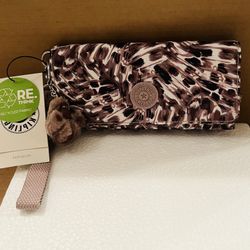 Kipling RUBI Snap Long Wallet Wristlet Polyester Leopard Feathers