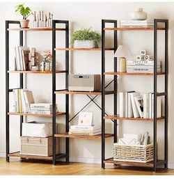 Triple 4 Tier Bookshelf, Large Bookcase with 11 Open Display Shelves, Modern Industrial Book Shelves