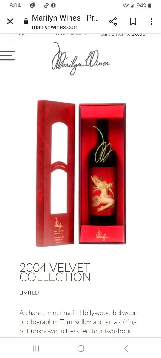 2004 Marilyn Monroe Napa Valley Wine / Magnum Bottle Velvet