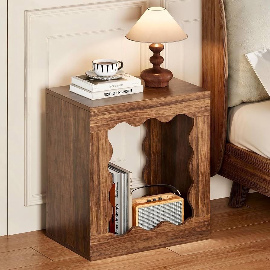 Rustic Wood End Table, 24" Side Tables Living Room with Cat House, Wavy Farmhouse End Table, Small Nightstand for Bedroom, Office, Rustic Brown