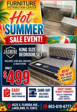 Limited time sale. Jasmine king-size bed with dresser and nightstand only $499. Easy finance. Same-day delivery.