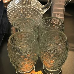 Vintage Pitcher And 4 Glasses Indiana Tiara Hobnail