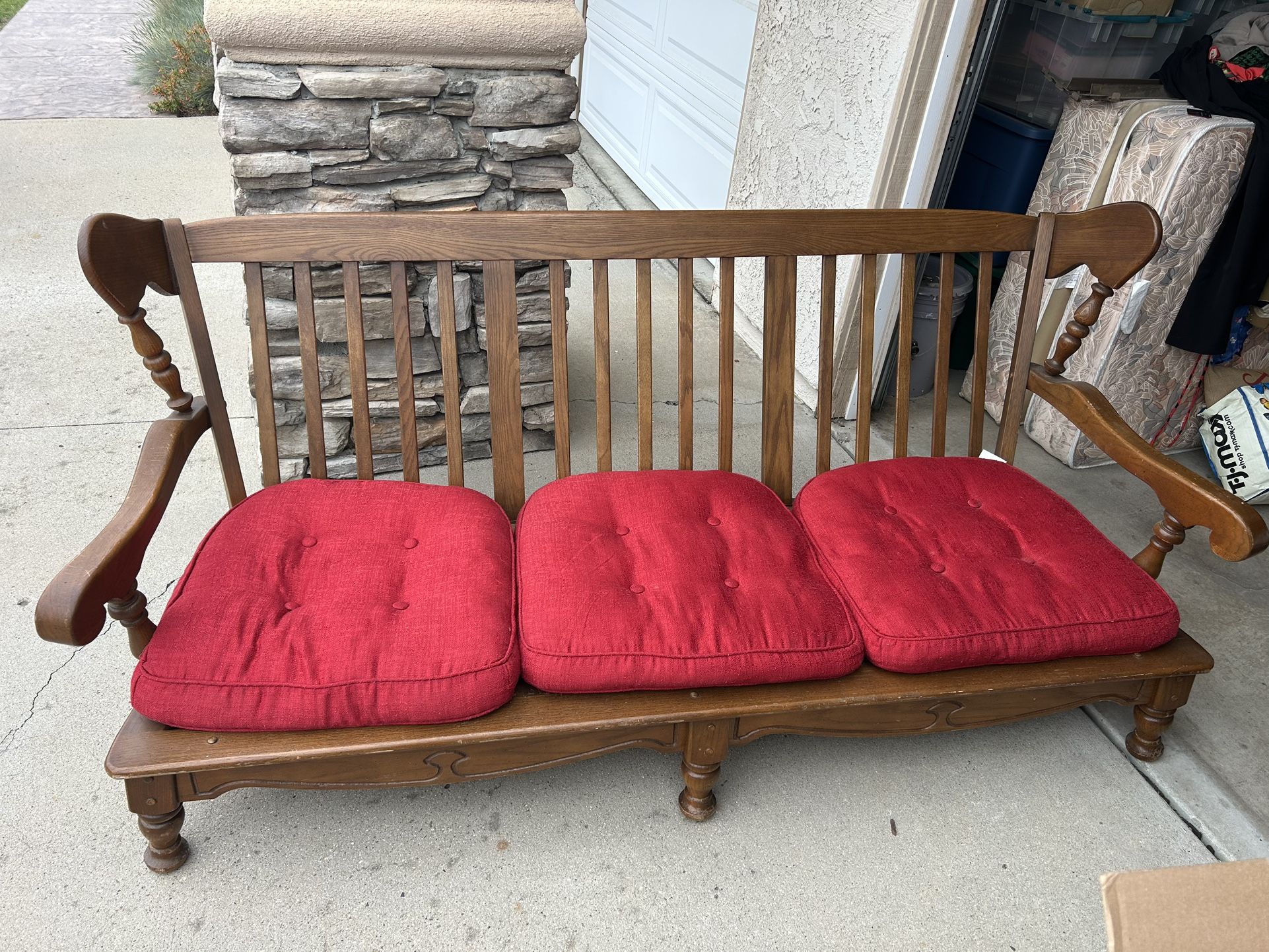 Vintage Wooden Bench W/ Seat Cushions