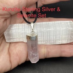 Kunzite Genuine Stone Sterling Silver Pendant & Selenite Stick Set