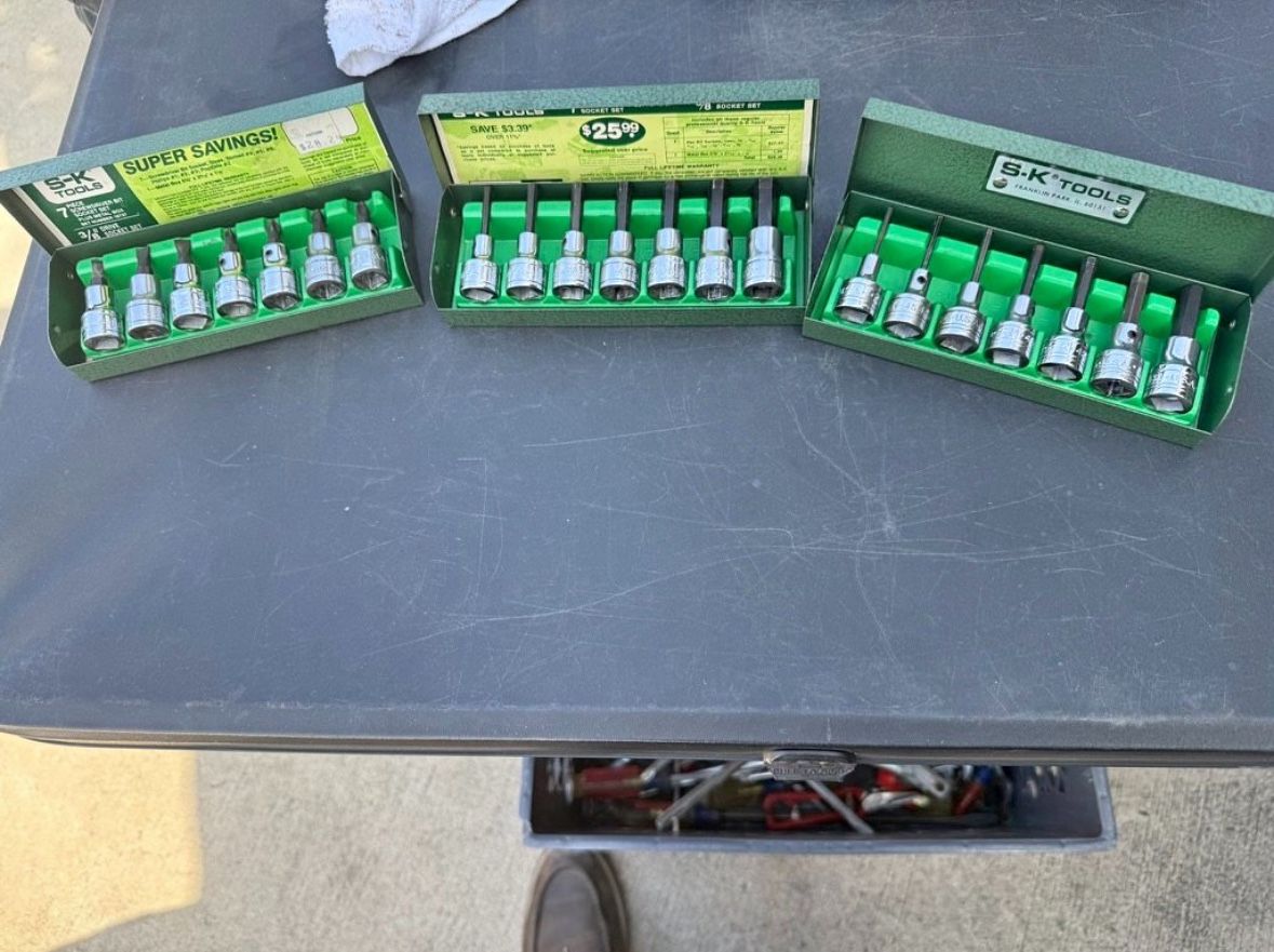 Vintage S-K Tools 3× 7-Piece 3/8″ Drive Hex Bit Socket Sets USA Green Metal Boxes Lot