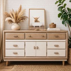 Vintage Solid Wood Bedroom Set,Lowboy Dresser 9 Drawer and 2 matching Nightstands Natural Modern