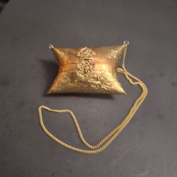 Vintage 1930's Metal Pillow Evening Purse W/Chain & Ornate Latch-Crossbody Or Clutch Hammered Brass & Copper, Blue Velvet Interior