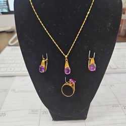 14kt Gold Amatist Set Includeds Pendant With Chain, Earrings And Ring $1200