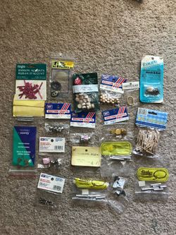 20 bags of art and crafts supplies: hooks& eye, ribbons, metal cone, nail heads & wood beads