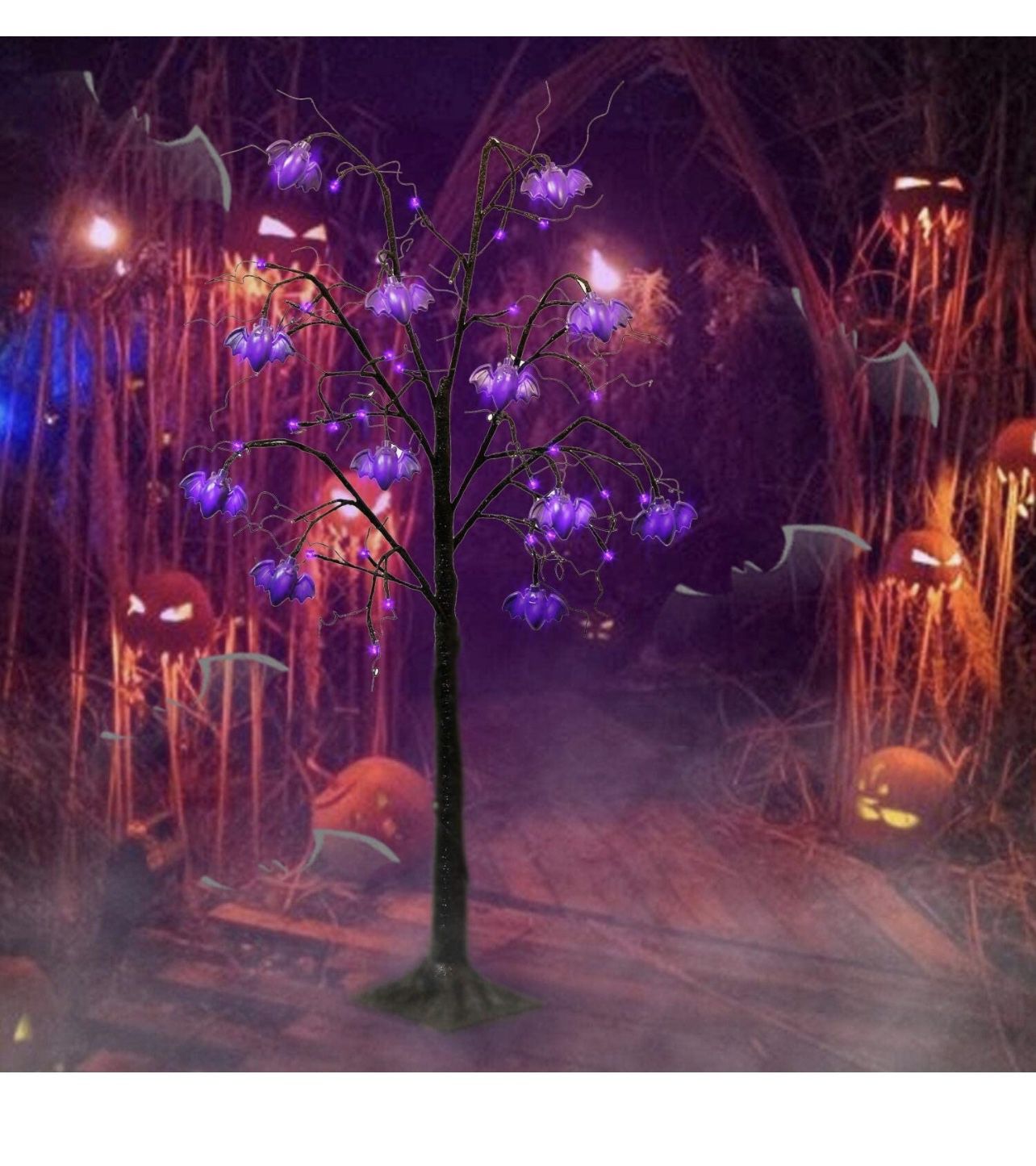 Twinkle Star Halloween Tree, 4FT Halloween Decoration Black Spooky Tree Glittered with 48 LED Purple Lights and 12 Bats, 24V 3.6W Low Voltage Artifici