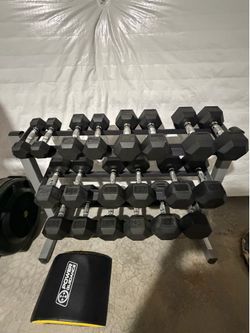 Rubber Hex Dumbbells and Rack (5lbs-50lbs)
