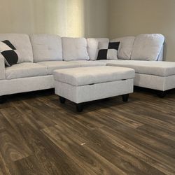 Light Grey White Sectional Sofa Set W/ Ottoman (Right Chaise) 👍FREE FINANCING AVAILABLE❗NO CREDIT CHECK❗ 