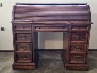 Vintage Wood Roll Top Desk - 7 Drawers, Glass Top, Dovetail Construction