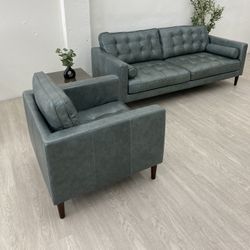 Harstine Leather Sofa and Chair Set Emerald Green