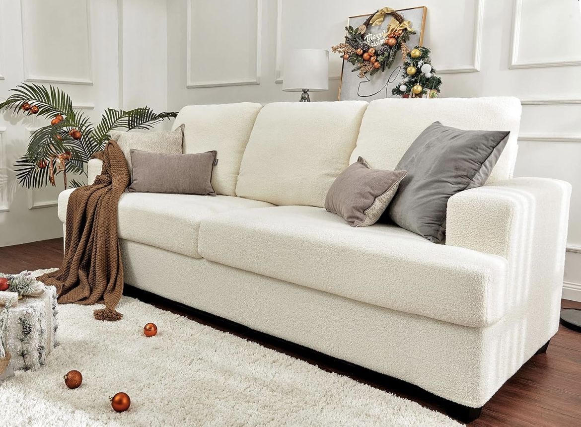 NEW White Boucle 97” 3 Deep-Seat Couch Sofa