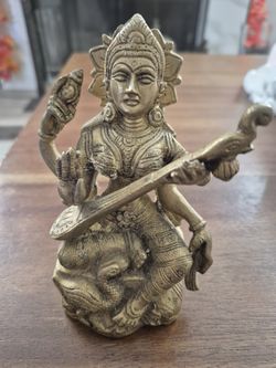 Antique Vintage Brass Hindu Goddess Saraswati Sculpture