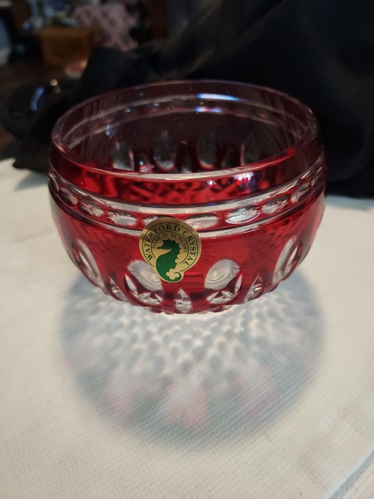 Vtg Red Cut To Clear Waterford Crystal Clarendon Bowl/Tealight