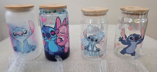 Disney Lilo and Stitch glass cups with wooden lids plus straws