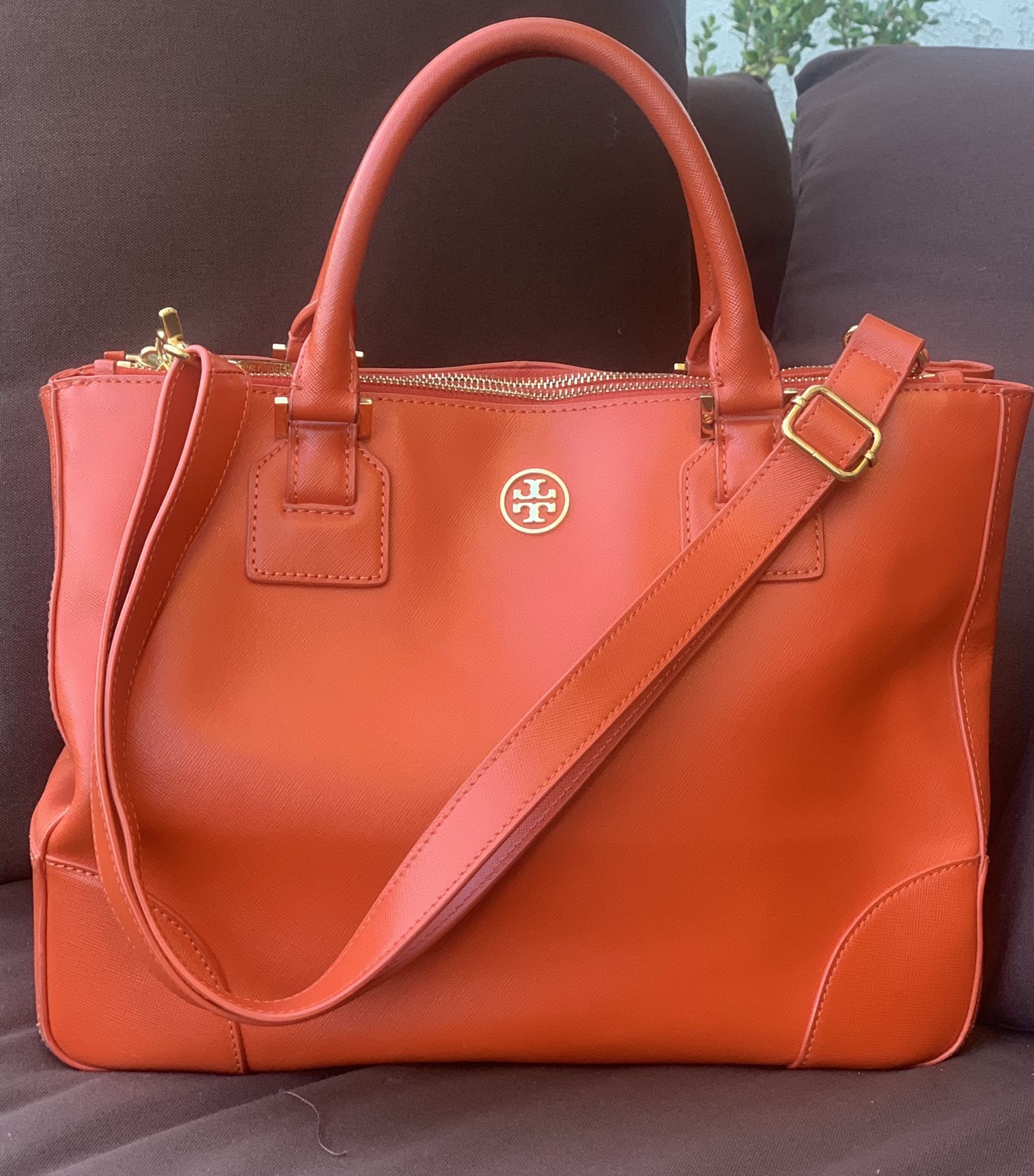 TORY BURCH Robinson Double Zip Tote Shoulder Hand Bag, Poppy Red Orange