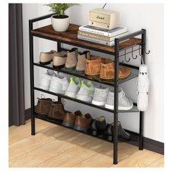 Shoe Rack for Front Door Entrance, 4 Tier Height-Adjustable Metal Shoe Rack, Sturdy Wooden Top and Tiltable Steel Frame Heavy Duty Shoe Organizer for 