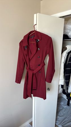 Red Double-Breasted Belted Trench Coat