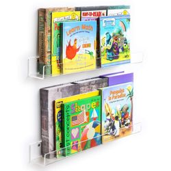 NIUBEE Acrylic 2 Packs Invisible Floating Bookshelves 24 inches,Kids Clear Wall Bookshelves Display Book Shelf,50% Thicker with Screwdriver