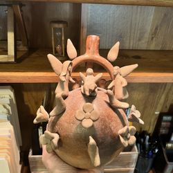 Clay candleholder with nativity scene typically by Heron Martinez Mendoza, Mexican Folk Art Pottery.