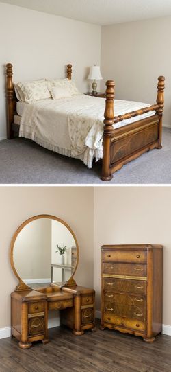 Vintage Art Deco 4-Piece Bedroom Set – Four-Poster Bed, Vanity With Mirror, Tallboy