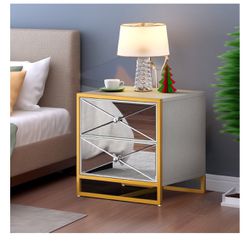 Dextrus Mirrored Nightstand 2 Drawer Modern Mirror End Table, Silver Finished Bedside Table for Bedroom, Living Room, Gold Frame, 1PC