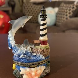 Title: Dolphins Lighthouse Starfish Hinged Porcelain Trinket Box, Beachy Coastal Decor With Starfish Inside