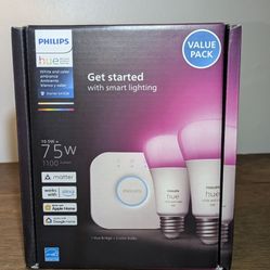 NEW + STILL IN BOX! Philips Hue Color 75W A19 Smart LED Bulb 2PK + Hue Bridge 