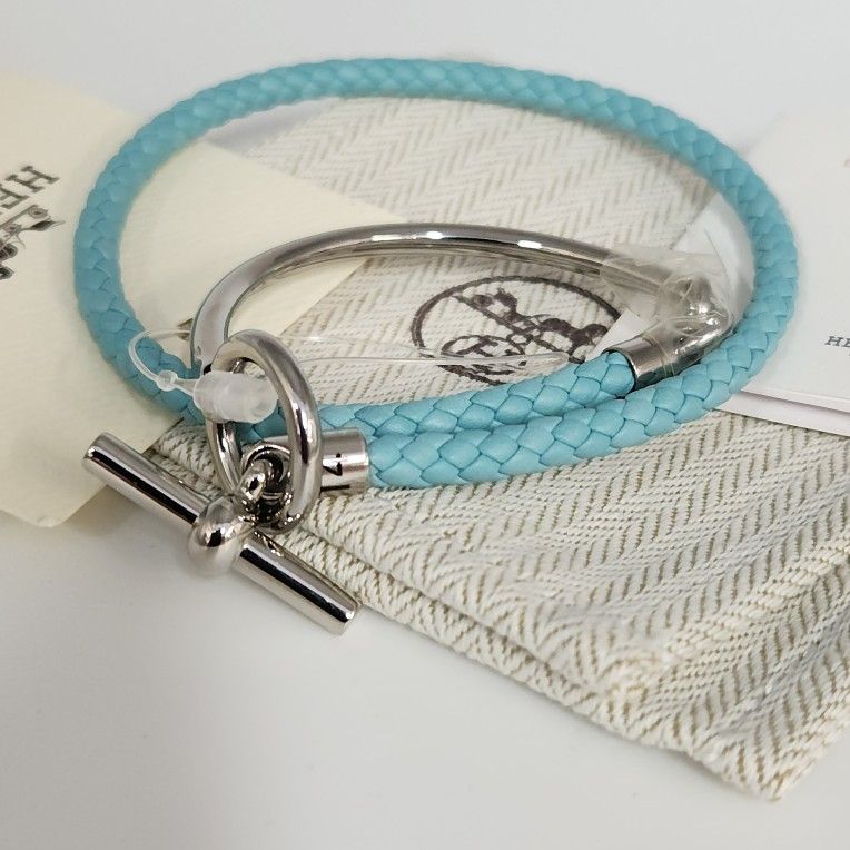 New Hermes Blue Glenan H Link Double Tour Calfskin Size T4 Bracelet