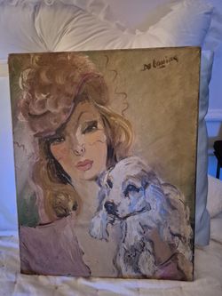 French Lady w/ Dog Painting Circa 1940 France (Signed)