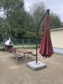 Picnic Table & Red Umbrella 