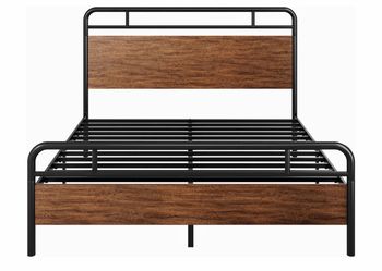 Allewie Queen Size Industrial Bed Frame with Wood Panels, Walnut