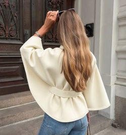 Women's Multiple Buttons Belted Loose Woven Coat, Sleeve Casual Pullover Jacket Warm Fall & Winter Outerwear, Ladies Fashion Clothing, Casual Chic Out