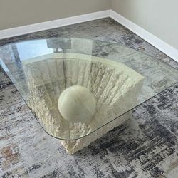 Triangular Stone Coffee Table w/ Glass Top.