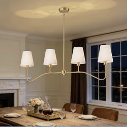 Brand New Brass Gold Linear Chandeliers for Dining Room, 4-Lights Modern Classic Kitchen Island Lighting with White Fabric Shade, 47" Antique Chandeli
