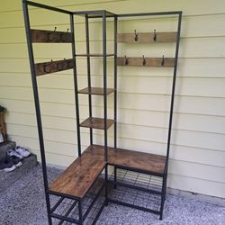 Entryway corner shoe, coat rack and bench