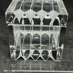 Vintage square trinket box heavy pressed glass pattern with deep angled ribs MCM