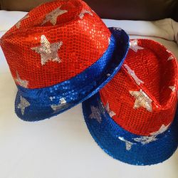 2 Pack 4th of July Patriotic Red, Silver & Blue USA Fedora Hat ONE SIZE
