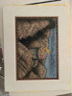 Lot of 7 Indian Mughal/Rajasthani-style miniature paintings featuring royal hunting scenes with elephants, bears tigers, riders, and court figures